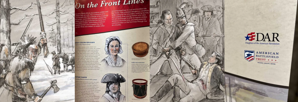 A sketch of a Native American wearing a headdress holding a gun in the air and a hatchet in the other hand,
                                                       an image of a banner with biographies and images of Sarah Osborn Benjamin and Stephen Tanner,
                                                       A soldier with his sword drawn on another soldier who is on the floor with a stab wound to the abdomen and
                                                        a pistol in his right hand aimed at the soldier with the sword while another soldier tries to stop
                                                         the man with a sword while a crowd of people look on