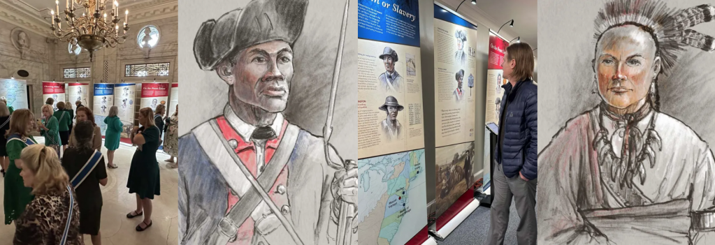Women in green Dresses standing around the room observing an exhibit,
             A drawing of a black soldier in uniform,
              a man in a blue puffy jacket and khakis standing and observing informational banners in an exhibit,
              a drawing of a Native American man in a traditional Native headdress with feathers